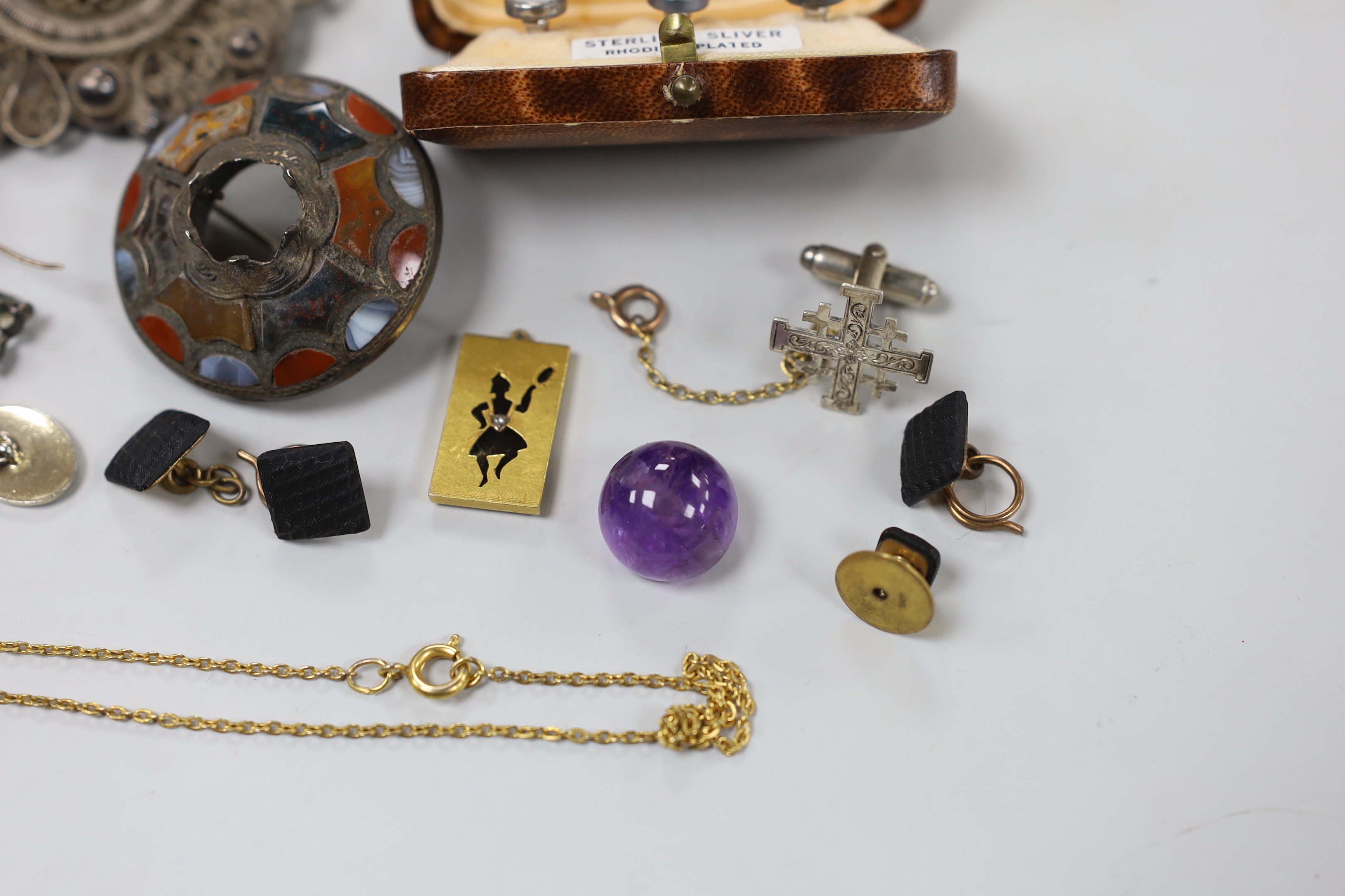 A pair of engraved 10ct oval cufflinks, 3.8 grams, two yellow metal and diamond chip set 'silhouette' charms and a quantity of sundry jewellery etc. including a lady's 9ct Buren wrist watch, Royal Scottish Automobile Clu
